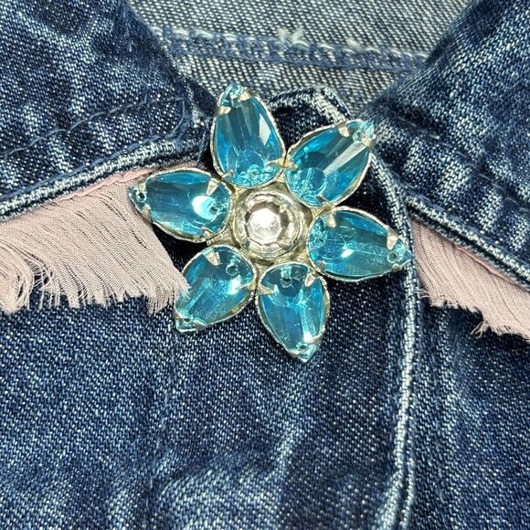Vintage Life Style Jacket Women L Boho Blue Denim Floral Jewel Button Fringe 90s - Picture 9 of 14
